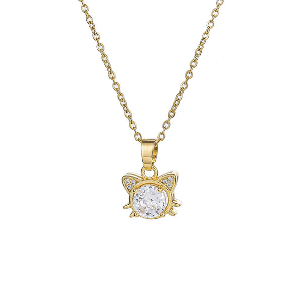 Fashion Kitten Pendant Titanium Steel Necklace With Mixed Gemstone Inlay And Diamond Design For Women