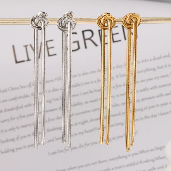 Fashion Knot Tassel Earrings With Snake Chain And Long Tassel Light Luxury Women's Stainless Steel Jewelry Geometric Shape Pvd Furnace Vacuum Real Gold Plated