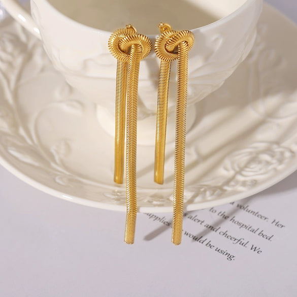 Fashion Knotted Tassel Snake Chain Long Necklace And Earrings Set Titanium Steel Electroplated With Gold