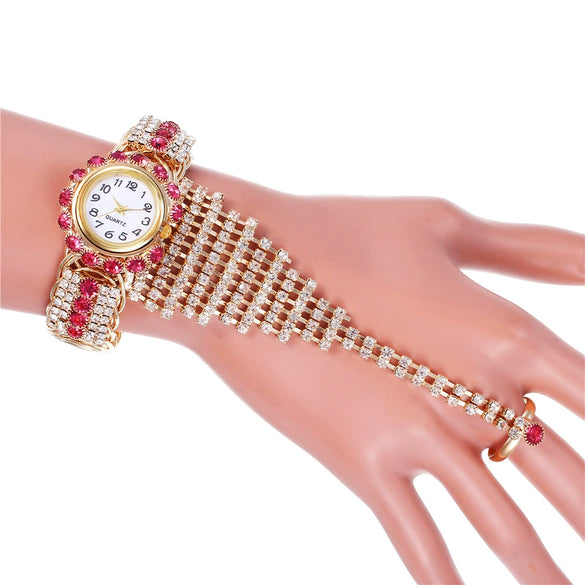 Fashion Ladies Alloy Claw Chain Ring Set Wrist Watch With Round Dial