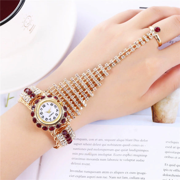 Fashion Ladies Alloy Claw Chain Ring Set Wrist Watch With Round Dial