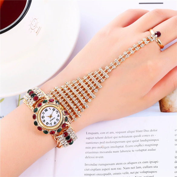 Fashion Ladies Alloy Claw Chain Ring Set Wrist Watch With Round Dial