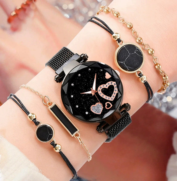 Fashion Ladies Alloy Mesh Belt Quartz Watch Bracelet Set With Round Dial