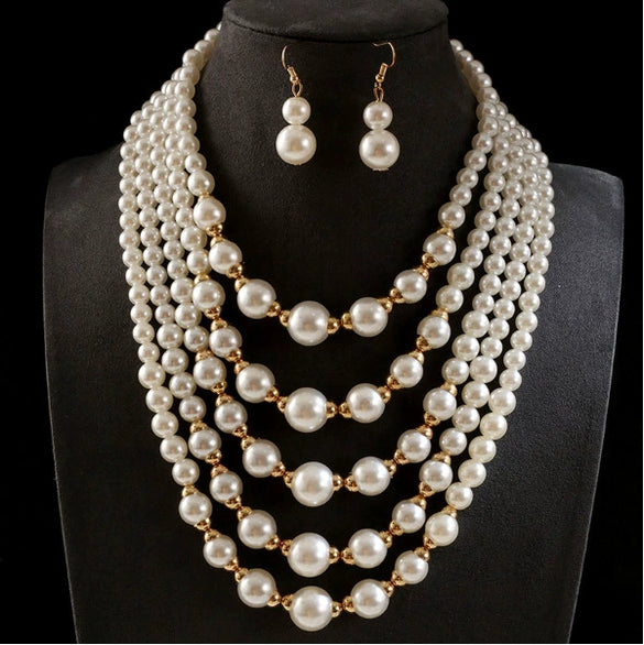 Fashion Ladies Jewelry Set With Multilayer Imitation Pearl Necklace And Earrings