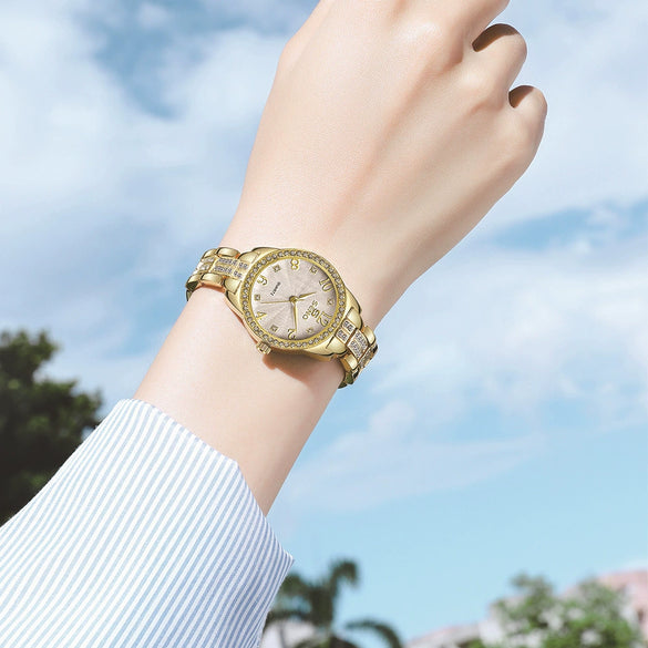 Fashion Ladies Stainless Steel Quartz Watch With Jewelry Buckle Round Dial Waterproof Mineral Strengthened Glass Mirror