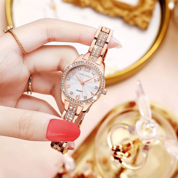 Fashion Ladies Stainless Steel Quartz Watch With Jewelry Buckle Round Dial Waterproof Mineral Strengthened Glass Mirror