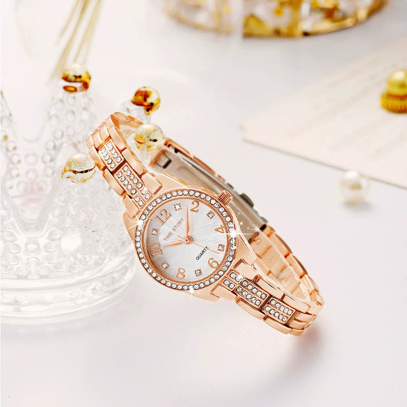 Fashion Ladies Stainless Steel Quartz Watch With Jewelry Buckle Round Dial Waterproof Mineral Strengthened Glass Mirror