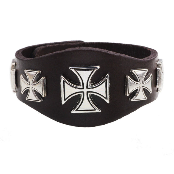 Fashion Leather Alloy Bracelet With Cross Rivet Letters Numbers Text Pattern Electroplating For Men