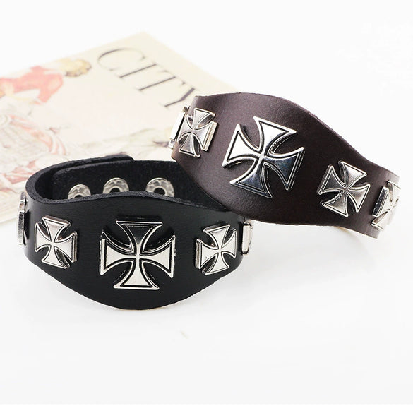 Fashion Leather Alloy Bracelet With Cross Rivet Letters Numbers Text Pattern Electroplating For Men
