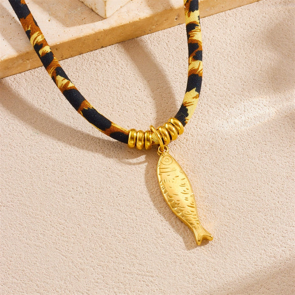 Fashion Leopard Print Velvet Rope Stainless Steel Goldplated Small Fish Pendant Women's Necklace