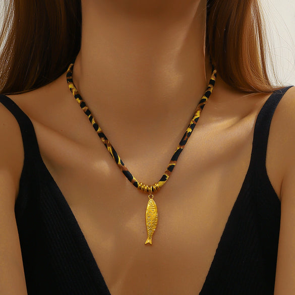 Fashion Leopard Print Velvet Rope Stainless Steel Goldplated Small Fish Pendant Women's Necklace