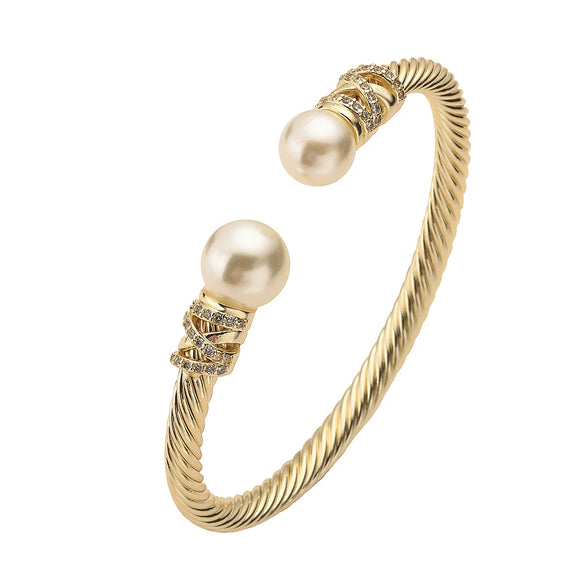Fashion Light Luxury Copper Zircon Pearl Opening Bracelet With Micropaved Geometric Design For Women