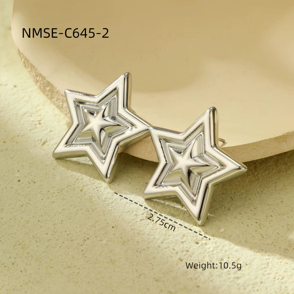 Fashion Light Luxury Geometric Square Titanium Steel And Stainless Steel Earrings With Fivepointed Star And Electroplating Design For Women