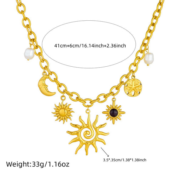 Fashion Light Luxury High End Sense Gold Plated Stainless Steel Star Shaped Pendant Necklace With O Word Chain And Gem Pearl Accessories Electroplated