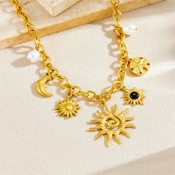 Fashion Light Luxury High End Sense Gold Plated Stainless Steel Star Shaped Pendant Necklace With O Word Chain And Gem Pearl Accessories Electroplated