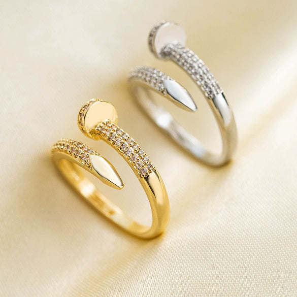 Fashion Light Luxury 18K Electroplated Copper Nail Shape Ring For Women With Heart Flower Diamond Geometric Patterns Opening Adjustable
