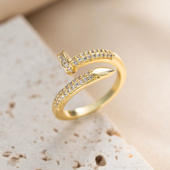 Fashion Light Luxury 18K Electroplated Copper Nail Shape Ring For Women With Heart Flower Diamond Geometric Patterns Opening Adjustable