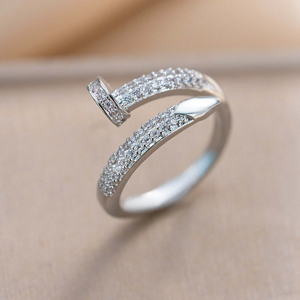Fashion Light Luxury 18K Electroplated Copper Nail Shape Ring For Women With Heart Flower Diamond Geometric Patterns Opening Adjustable