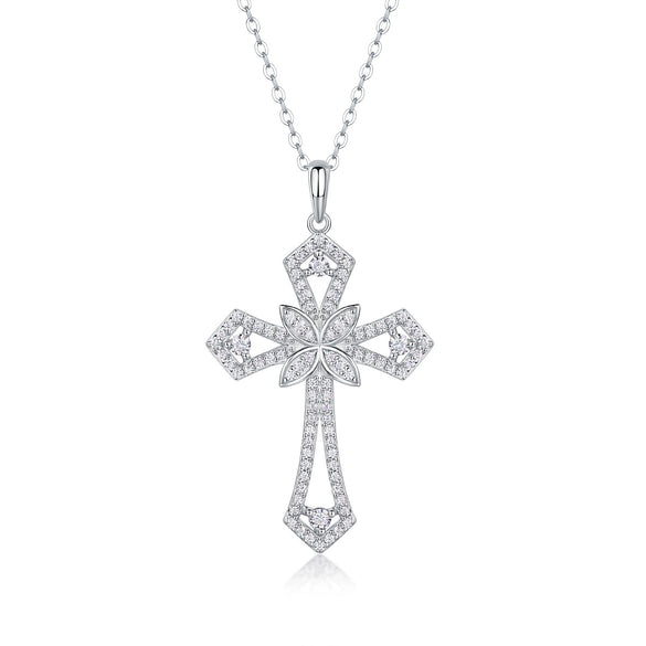 Fashion Light Luxury Moissanite Inlaid 925 Silver Women's Geometric Cross Clavicle Necklace With O Word Chain