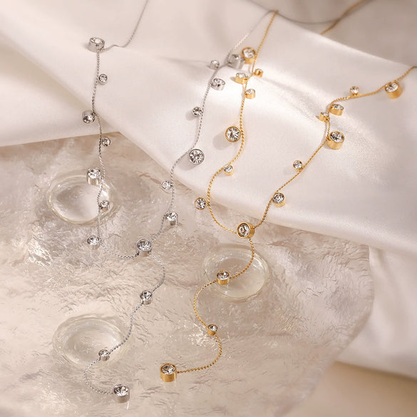 Fashion Light Luxury Plated Stainless Steel Tassel Necklace With Geometric Pattern And Inlaid Zircon