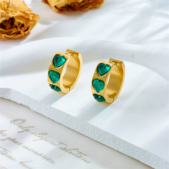 Fashion Light Luxury Retro Earrings Stainless Steel Goldplated Geometric Diamond Emerald Love Design