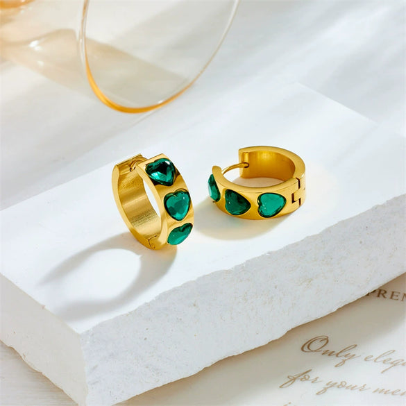 Fashion Light Luxury Retro Earrings Stainless Steel Goldplated Geometric Diamond Emerald Love Design