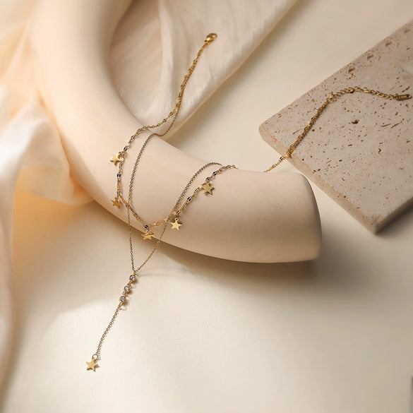 Fashion Light Luxury Stainless Steel Geometric Star Tassel Necklace 18K Gold Plated