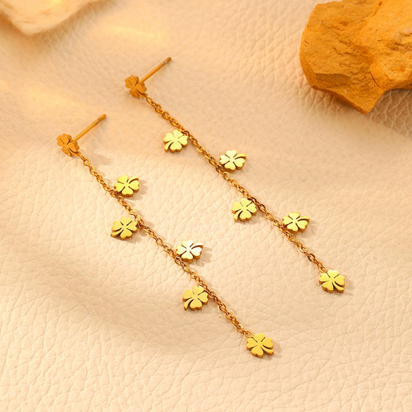 Fashion Light Luxury Titanium Steel Jewelry Set With Four Leaf Flower Love Drops And Bell Patterns For Women Box Chain Included
