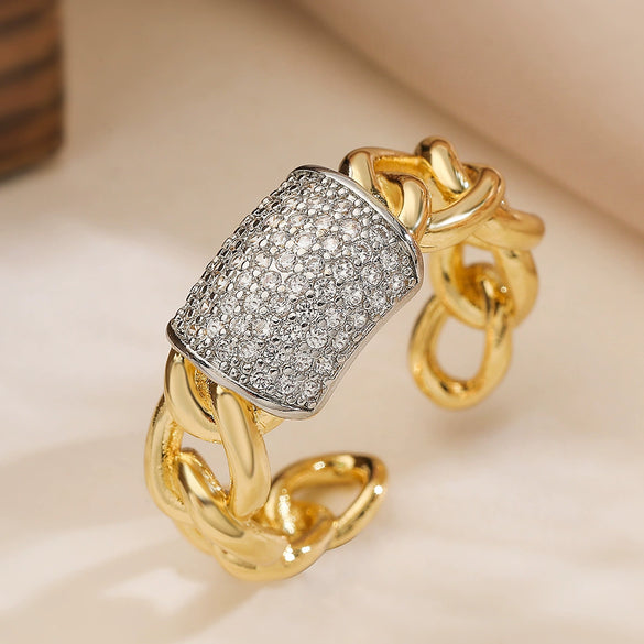 Fashion Light Luxury Twocolor Electroplated Copper Geometric Opening Zircon Ring Micropaved Minimalist Women's