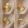 Fashion Light Luxury Unisex Open Ring Stainless Steel Gold Inlaid Geometric Sky Blue Stone