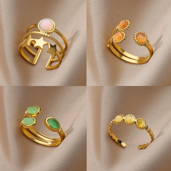 Fashion Light Luxury Unisex Open Ring Stainless Steel Gold Inlaid Geometric Sky Blue Stone