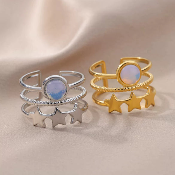 Fashion Light Luxury Unisex Open Ring Stainless Steel Gold Inlaid Geometric Sky Blue Stone