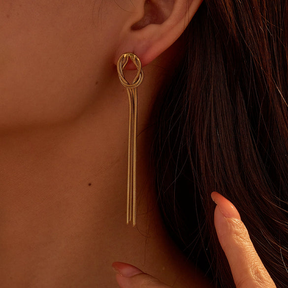 Fashion Long Tassel Stainless Steel Women's Exaggerated Geometric Earrings With Electroplating