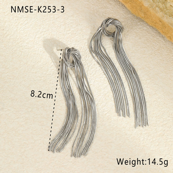 Fashion Long Tassel Stainless Steel Women's Exaggerated Geometric Earrings With Electroplating