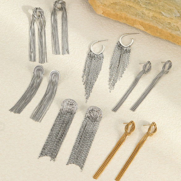 Fashion Long Tassel Stainless Steel Women's Exaggerated Geometric Earrings With Electroplating