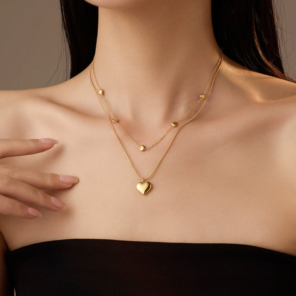 Fashion Love Double Clavicle Chain Pendant Necklace Titanium Steel Electroplating Jewelry