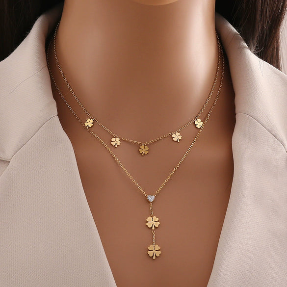 Fashion Love Stainless Steel Necklace With Heart Shape Pendant And Double Layer O Chain Electroplated
