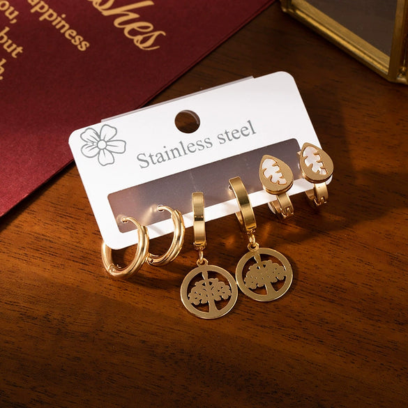 Fashion Lucky Tree Titanium Steel Earrings For Women With Geometric And Flower Pattern Electroplated