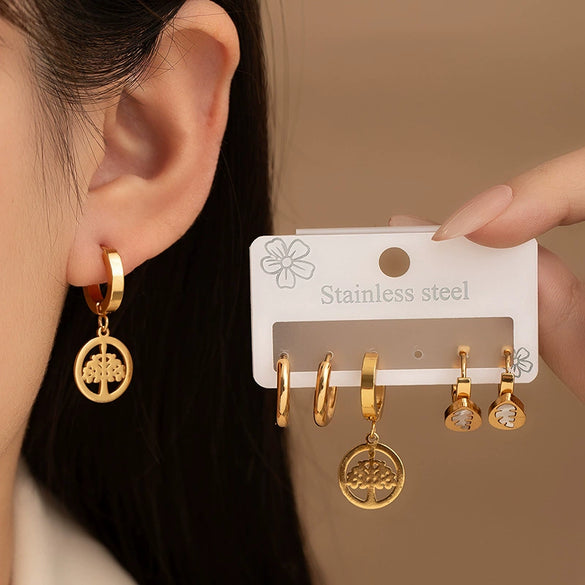 Fashion Lucky Tree Titanium Steel Earrings For Women With Geometric And Flower Pattern Electroplated