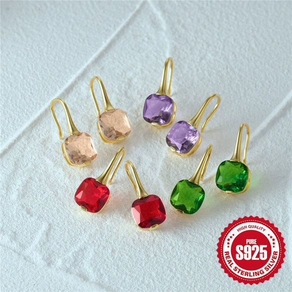 Fashion Luxury Elegant Geometric Color Stone Diamond S925 Pure Silver Ear Hook Earrings With Electroplating