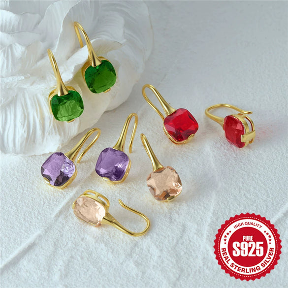 Fashion Luxury Elegant Geometric Color Stone Diamond S925 Pure Silver Ear Hook Earrings With Electroplating