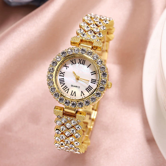 Fashion Luxury Quartz Watch And Double Diamond Bracelet Set Alloy Case Stainless Steel Strap And Clasp Round Dial