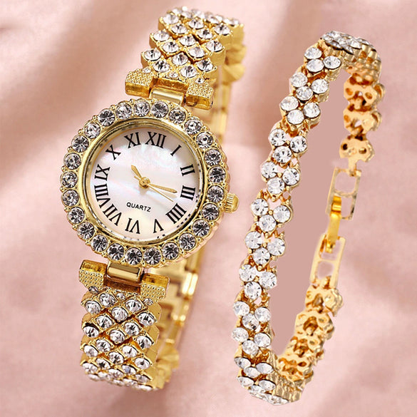 Fashion Luxury Quartz Watch And Double Diamond Bracelet Set Alloy Case Stainless Steel Strap And Clasp Round Dial