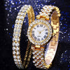 Fashion Luxury Quartz Watch And Double Diamond Bracelet Set Alloy Case Stainless Steel Strap And Clasp Round Dial