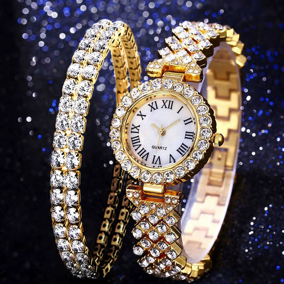 Fashion Luxury Quartz Watch And Double Diamond Bracelet Set Alloy Case Stainless Steel Strap And Clasp Round Dial
