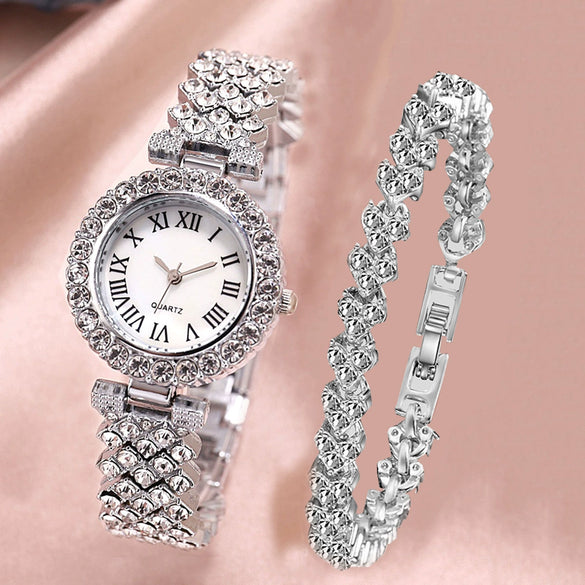Fashion Luxury Quartz Watch And Double Diamond Bracelet Set Alloy Case Stainless Steel Strap And Clasp Round Dial