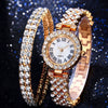 Fashion Luxury Quartz Watch And Double Diamond Bracelet Set Alloy Case Stainless Steel Strap And Clasp Round Dial