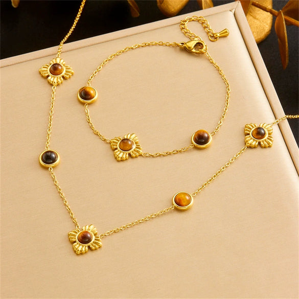 Fashion Maillard Color Goldplated Stainless Steel Plants And Flowers Accessories Chain Bracelet Necklace