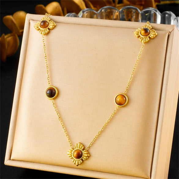 Fashion Maillard Color Goldplated Stainless Steel Plants And Flowers Accessories Chain Bracelet Necklace