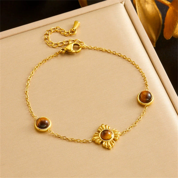 Fashion Maillard Color Goldplated Stainless Steel Plants And Flowers Accessories Chain Bracelet Necklace